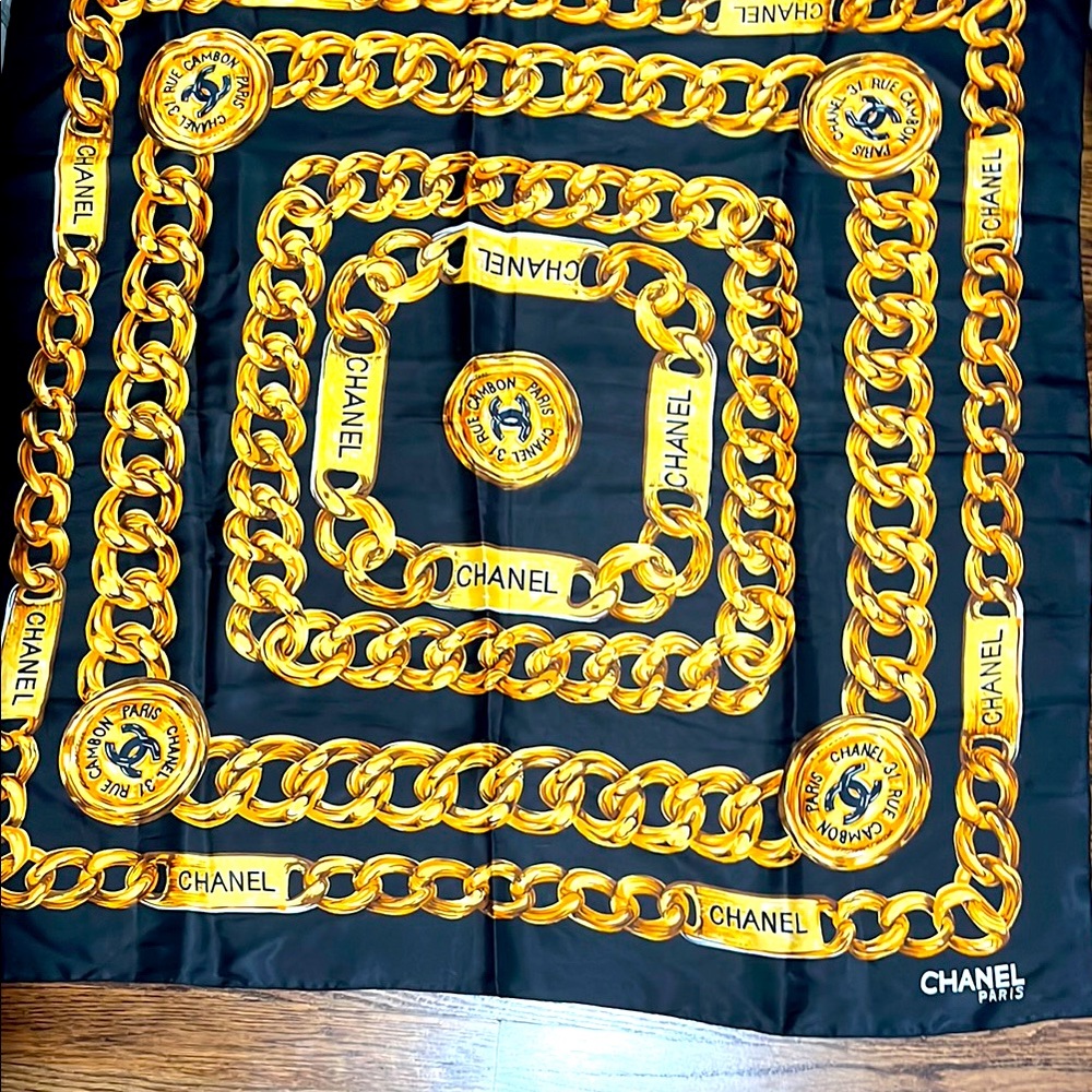 Chanel Black and Gold Chain Print Scarf